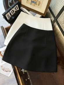 Franclia 女士休闲通勤百搭低腰开衩A字裙，适合春、夏、秋、冬四季穿着 - 黑色 - 查看 2