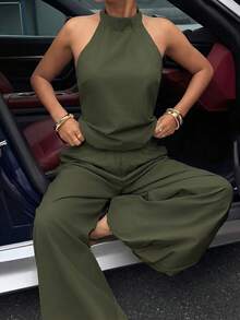 Muchica 女士夏季新款军绿色吊带背心搭配灯笼裤休闲度假套装，适合外出、街头穿搭、Y2K风格 - 軍綠色 - 查看 5