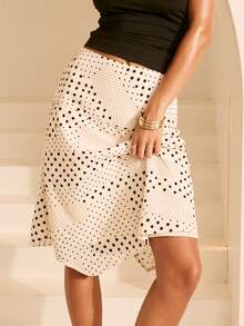 Aralina 女士波点低腰宽腰带不对称下摆飘逸中长裙，波点半身裙，可爱外出装 - 黑與白 - 查看 1