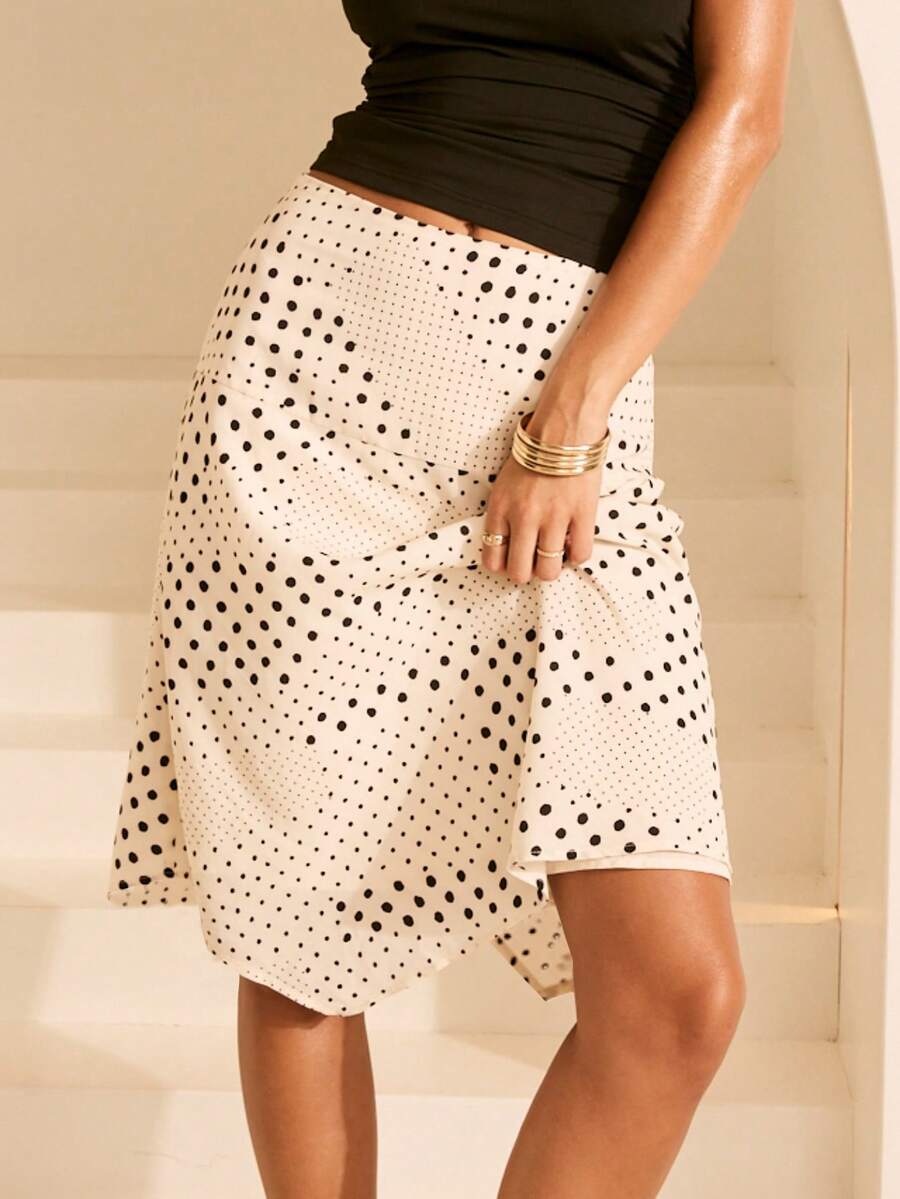 Aralina 女士波点低腰宽腰带不对称下摆飘逸中长裙，波点半身裙，可爱外出装 - 黑與白 - 查看 1