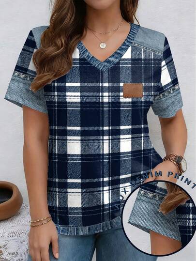 EMERY ROSE 印花拼接条纹图案V领短袖休闲加大码T恤，春夏款