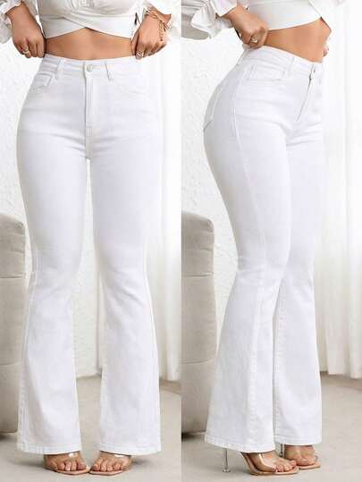 SHEIN PETITE Quần jeans ống loe cạp cao màu trơn dành cho nữ, kiểu dáng thường ngày, đa năng.