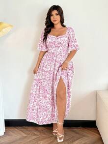 Easura Plus Size Women's Elegant Floral Print Square Neck Short Sleeve A-Line Maxi Dress, Spring/Summer - Pink - View 8