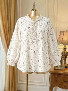 Rometta 加大码随机印花长袖系带衬衫 - 白色 - 查看 2