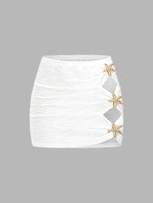 Sweetra 法式优雅时尚纯白慵懒风低腰高开衩金属扣饰夏季时尚派对沙滩度假紧身性感半身裙 - 白色 - 查看 1