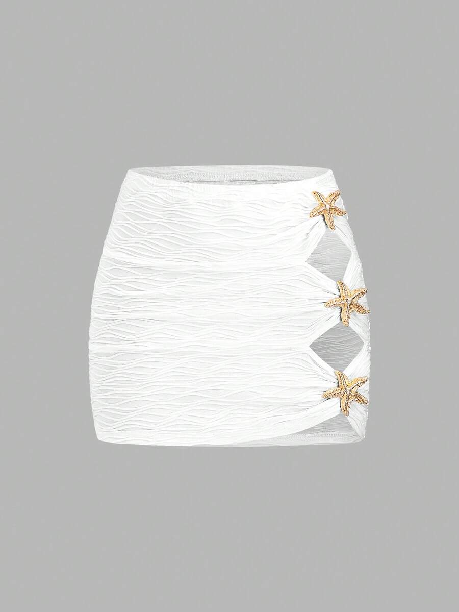 Sweetra 法式优雅时尚纯白慵懒风低腰高开衩金属扣饰夏季时尚派对沙滩度假紧身性感半身裙 - 白色 - 查看 1