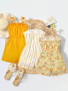 Genkimix Kids 3件套少女休闲度假可爱碎花条纹纯色连体衣，适合多子女家庭、海滩度假、户外玩耍、上学等场合。 - 彩色 - 查看 2