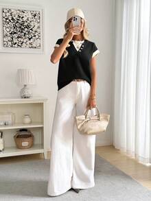 Easowa 女士休闲通勤撞色针织背心，休闲撞色亨利领套头衫，柔软针织二合一毛衣，夏季米色，休闲服饰 - 黑與白 - 查看 2