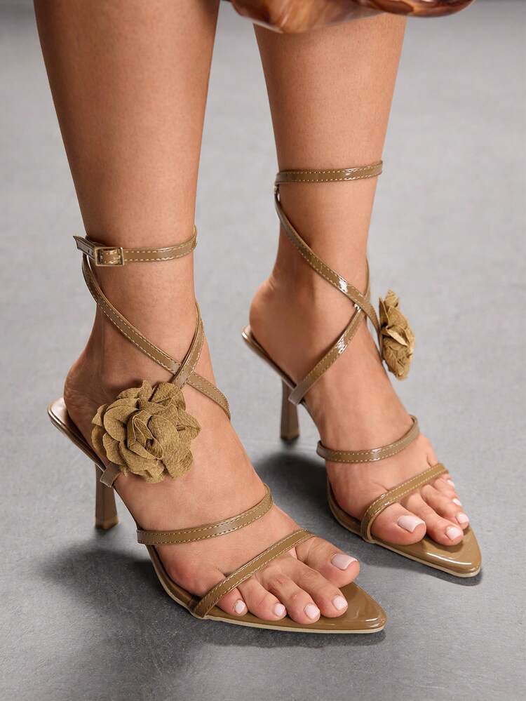 CUCCOO SZL Women's Pointed Toe 3D Floral Decor Buckle Design Fashion High Heel Sandals For Daily Wear Prom Heels