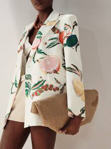 Aveloria Modichic Women's Chic Tropical Fruit Print Blazer Off White Double-Breasted Lapel Jacket,Summer Holiday Tea Party Stylish Casual Suit,Fashionable Street Style - White - View 7