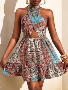 BamGleam Beige Summer Boho Vacation Holiday Women's Long Dress,Halter Neck Criss-Cross Tie Bohemian Style Beach Casual Digital Print Multi-Color Long Dress - Multicolor - View 4