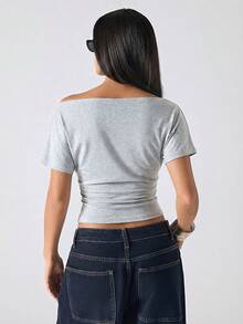 LYSMO 2026新款极简灰色短袖修身圆领休闲衬衫，女士时尚上衣，春夏款 - 灰色 - 查看 2