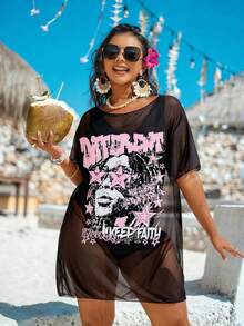 Swim Vcay Plus Size Mesh Print Loose Short Sleeve Beach Cover Up For Women Summer Rave - Black - View 3