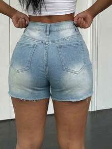 SHEIN ICON 女士高腰口袋做旧毛边牛仔短裤 - 藍色 - 查看 5