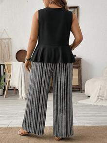 SHEIN LUNE Black Casual Top + Retro Striped Printed Pants 2-Piece Set, Vacation Style Suitable For Spring/Summer, Plus Size - Multicolor - View 2
