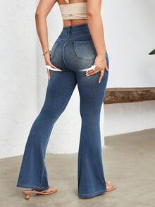 Flexra 女士高腰休闲百搭喇叭牛仔裤 - 藍色 - 查看 2