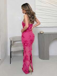 Jemour 3D Floral Sexy Bodycon Camisole Dress - Hot Pink - View 2