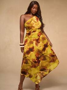 SHEIN BAE Plus Size Women's One Shoulder Graphic Abstract Print Midi Dress,Summer Elegant Gold Wedding Guest Outfit,Flowy Asymmetric Brunch Resort Wear - Multicolor - View 7