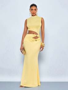 SOLERSUN Women's Elegant Summer Yellow Metal Decorated Sleeveless Bodycon Maxi Dress,Casual Solid Color Party Night Outfit,Vacation Hawaii Wedding Formal Dress - Yellow - View 7