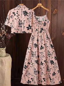 SHEIN Clasi Bộ 2 món áo sơ mi và váy slip dress in họa tiết cây cỏ dành cho nữ, thích hợp cho kỳ nghỉ. - Hồng - Xem 2