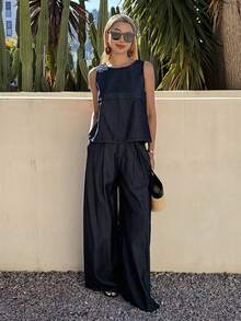 DAZY Western Cowgirl Denim Top And Wide Leg Pants Vacation Outfit For Women, Spring/Autumn - Blue - View 4