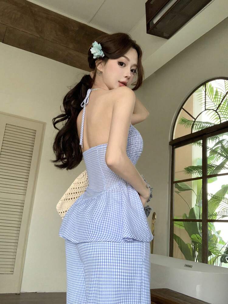 Spring & Summer Fitted Halter Backless Ruffle Patchwork Sleeveless Vest Top And Straight Leg Casual Pants Set, Elegant For Commuting, Romantic, Beach, Holiday