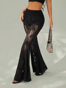 SHEIN PETITE Women's Lace Patchwork Casual Versatile Daily Wear Flare Pants - Black - View 6