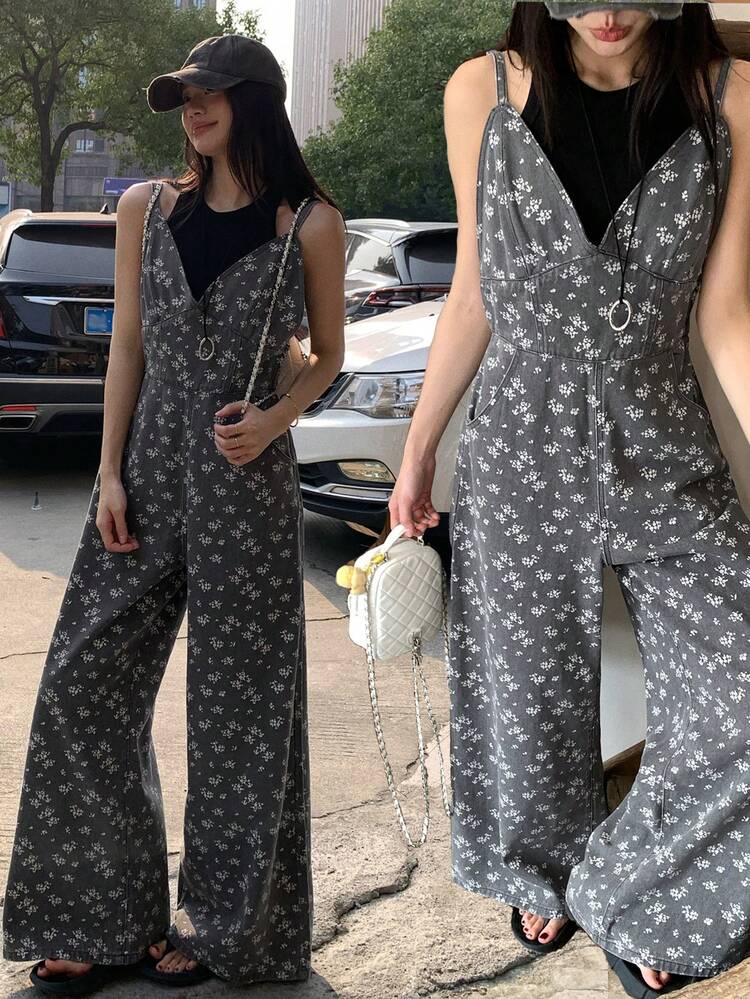 Women's V-Neck Floral Print Adjustable Strap Loose Fit Jumpsuit Summer Boho