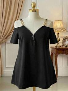 SHEIN Clasi 大碼鏈條細節挖肩T恤 - 黑色 - 查看 4