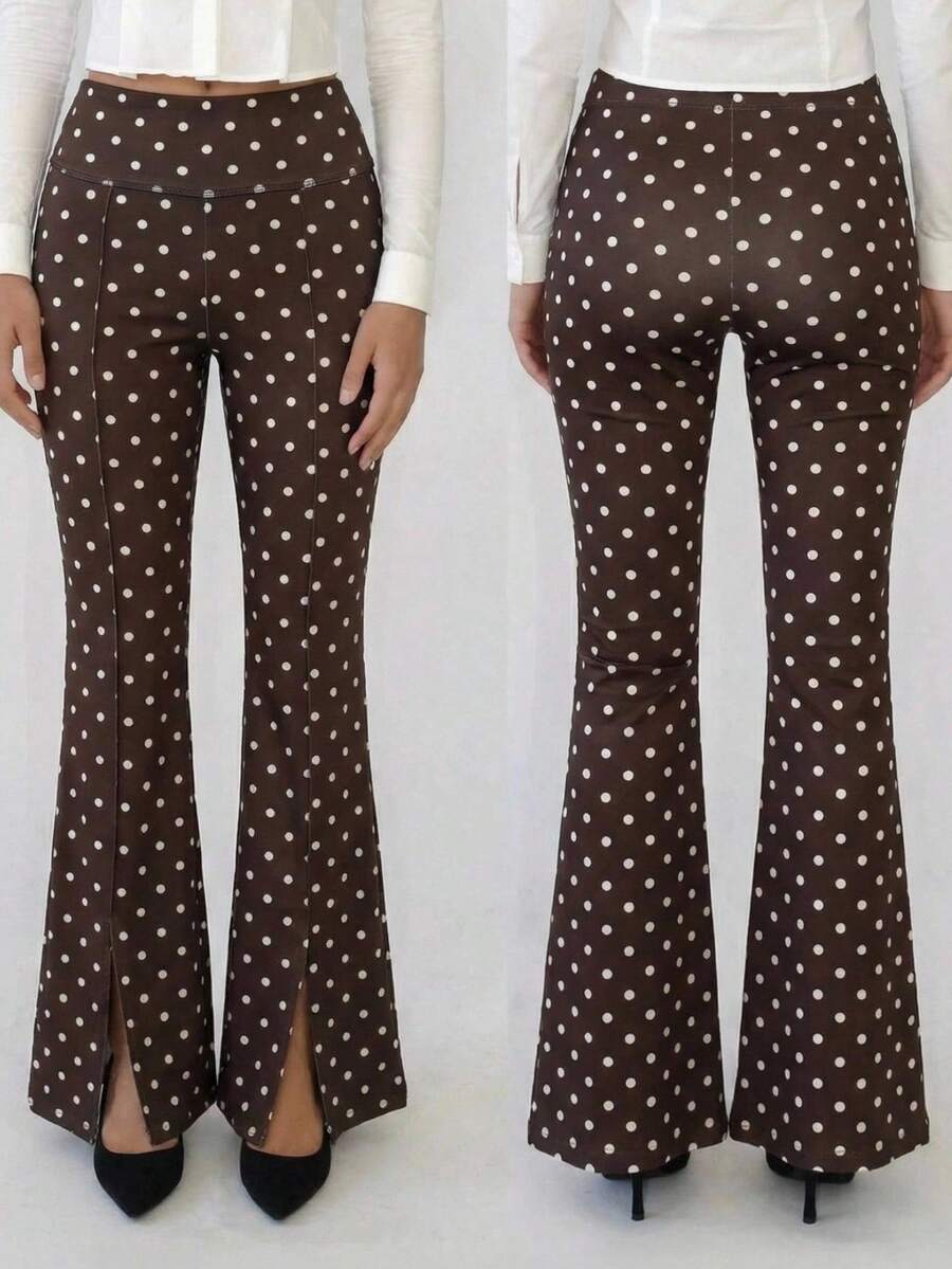 SHEIN EZwear Quần ống loe cạp cao chấm bi dành cho nữ, kiểu dáng thường ngày, đa năng, thích hợp đi làm. - Cà phê nâu - Xem 1