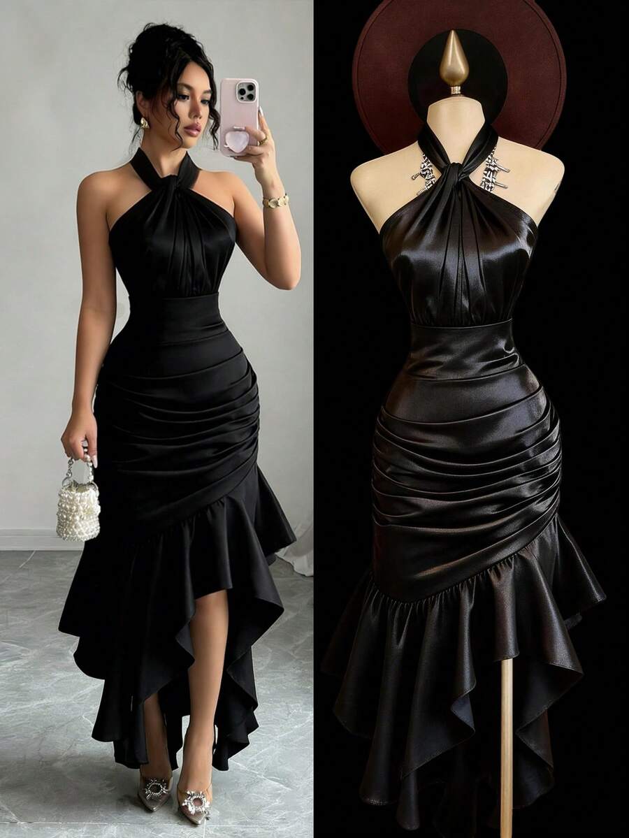 SHEIN Raffinéa Women's Elegant Black Summer Halter Neck Dress With Draped Ruffles,Formal Dining Holiday Cocktail Party Gown,Versatile Stylish Wedding Guest Outfits - Black - View 1
