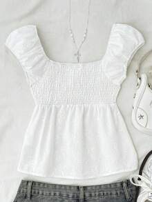 Teen Girl Summer New White Casual Vacation Embroidered Pleated A-Line Cute Blouse - White - View 2