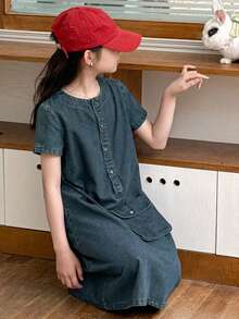 Dazy Kids Đầm denim không tay cổ tròn cho bé gái, mùa hè - Rửa tối - Xem 5