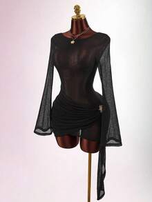 Amplova Vestido mini de cuello alto de manga larga para mujer, vestido casual sexy con espalda descubierta adecuado para picnic y senderismo de primavera - Negro - Ver 5