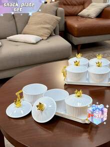 Satu set piring dan nampan camilan berdesain mahkota, sempurna untuk menyimpan camilan, permen, buah kering, dan kue; ideal untuk pernikahan dan acara-acara lainnya. - Putih - View 4