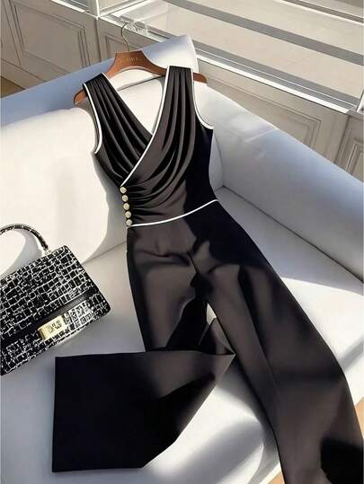 Franclia Women's Summer Jumpsuit With V-Neck, Mandarin Collar, Sleeveless, Right Side Ruched Design With Metal Buckle, Contrast Color Collar Loop, Loose Wide Leg Pants, Elastic Waist, Invisible Zipper, H-Line, Woven Fabric, Casual, Versatile, Commuting, Fashion Style