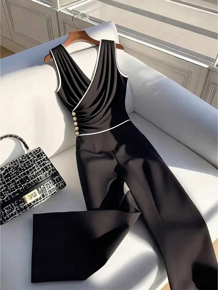 Franclia 女士夏季连体裤，V领，立领，无袖，右侧褶皱设计配金属扣，撞色领环，宽松阔腿裤，松紧腰，隐形拉链，H字型，梭织面料，休闲百搭，通勤时尚。优雅女装，女士服装，女士优雅连衣裙，新款高品质连衣裙，女士正装，居家办公装，女士职业装，羊毛两件套游艇套装，女士工作服，女士奢华连体裤。 - 黑與白 - 查看 1