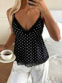 CovetEZ Women's Casual Chest Ruched Babydoll Lace Patchwork Bodycon Tank Top, Suitable For Daily Wear,Summer Top - Black - View 4