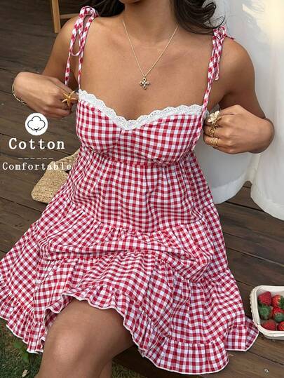 Sunnyshic French Retro Red Plaid Fashion Spaghetti Strap Early Spring New Lace Trim Flattering Versatile Sweet Elegant Layered Women Dress