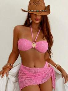 Bonvoyette Pink Summer Casual Beach Vacation Holiday Women's 3 Piece Outfit,Solid Color Metal Decor Halter Neck Bikini Set With Tie-Front Skirt Festival Sets - Pink - View 6