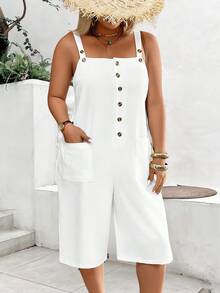 Breezaya Plus Size Casual Solid Color Jumpsuit With Dual Pockets - White - View 4