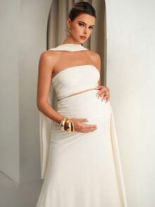 MaterniChic Maternity Clothes White,Summer,Elegant,Formal Two Piece Set,Comfortable Soft Highly Elastic Solid Tube Top And Adjustable Waist Skirt Vintage Outfit - White - View 4