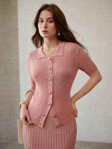 MOTF PREMIUM WOMEN'S BUTTON UP SHORT SLEEVE SWEATER, SPRING/SUMMER - Khaki - View 5