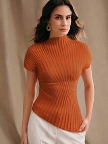 Anewsta Asymmetric Hem Fitted Knit Top, Versatile Commuter Chic Minimalist Style, Spring/Summer - Orange - View 3