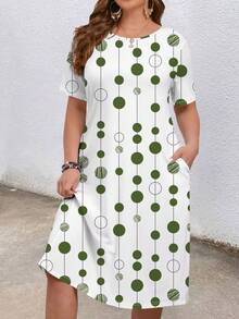 EMERY ROSE Plus Size Color Block Polka Dot Print Round Neck Short Sleeve Dress - Multicolor - View 3