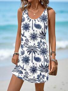 Sylviya Casual Minimalist Style Vacation Style Blue Sun God & Palm Tree Print Pattern Women's Dress, Suitable For Spring/Summer Vacation & Beach - Multicolor - View 5