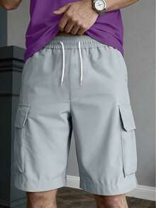 Manfinity Dauomo Pantalones cortos casuales de hombre con bolsillos cargo y cordón en la cintura - Gris Claro - Ver 5