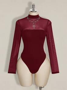 SHEIN ICON Mono de malla con parches sexy de talla grande Y2K - Burdeos - Ver 3
