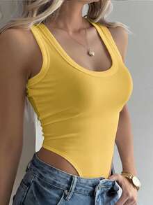 SHEIN 时尚修身罗纹针织连体衣（女士款） - 黃色 - 查看 5