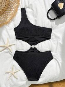 SHEIN Tween Girls One-Piece Swimsuit,Black Wave Pattern Knit Fabric One Shoulder Strap Center Ring Cut Out Monokini,Casual Summer Beach Vacation Holiday - Black - View 2